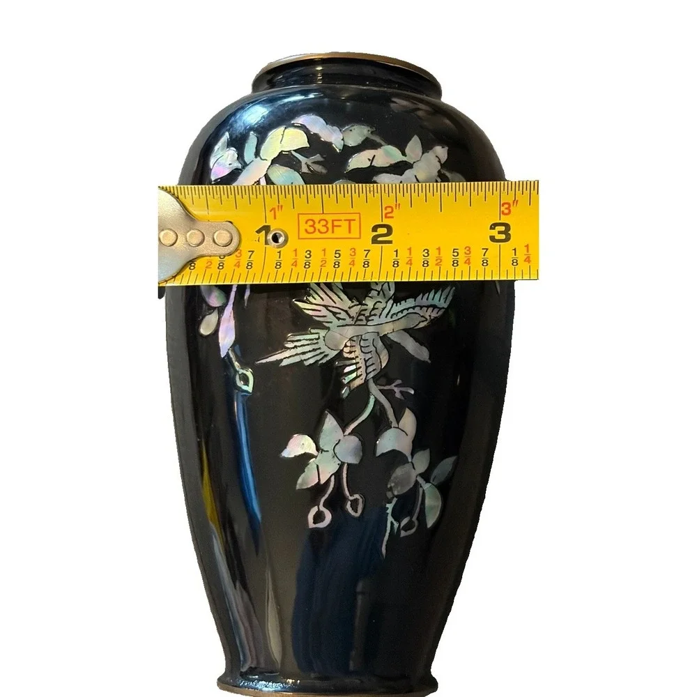 Vintage Asian Black Enamel Brass Vase Mother of Pearl Bird Floral 6 Inch